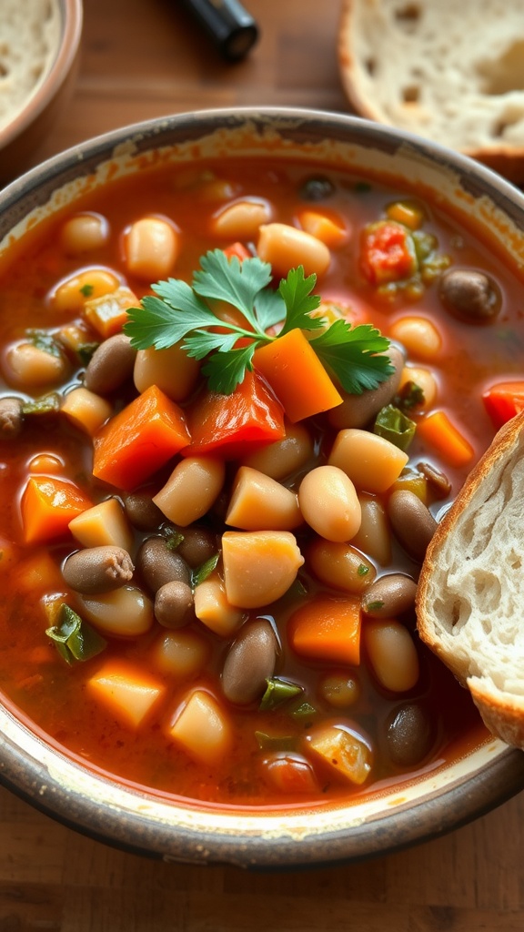 A hearty bean stew with carrots, bell peppers, and parsley on a rustic table with a slice of bread.